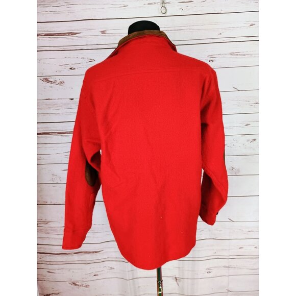Vintage Woolrich Mens M Red Wool Leather Look Collar Elbow Patches Shirt Hunting - Picture 3 of 7